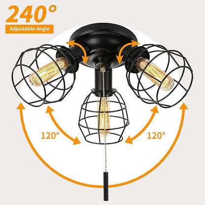 EVAHOM Pull Chain Light Fixture, 3 Light Semi Flush Mount Ceiling Fixture, Vintage Pendant Light Fixture for Porch/Hallway/Kitchen/Bedroom, Bulb Not Included