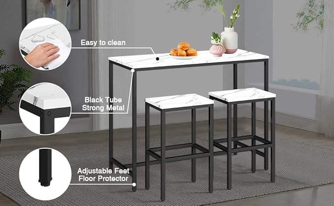 Aklaus Bar Table Set,44" White Faux Marble Top Bar Table and Chairs Set,Counter Height Bartable with 2 Bar Stools,3 Piece Kitchen Breakfast Table for Living Room Dining Room Apartment