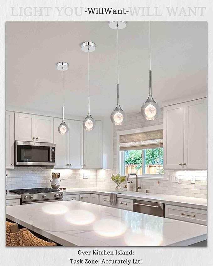 2 Pack Modern Crystal Moon Pendant Lights, Dimmable Natural White (3000K) LED Hanging Light Fixture for Kitchen Island Dining Room Bar Bedroom, Chrome Finish