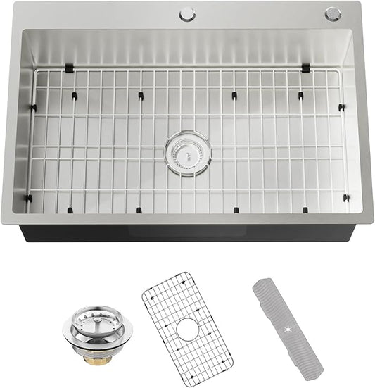 Stainless Steel Drop In 33x22 Inch Kitchen Sink - Modern Large Single Bowl Topmount Kitchen Sink Come With SS Grid,Silicon Mat,Drain Strainer Set Compatibility With Various Kitchen Styles