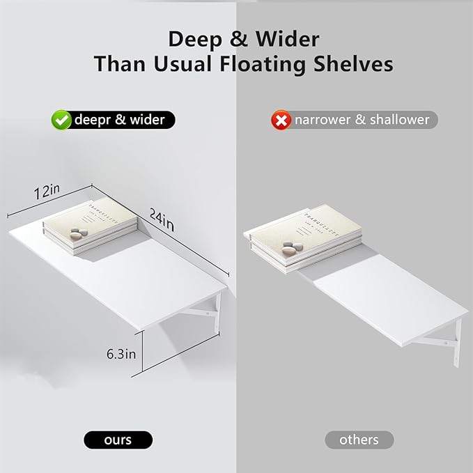 Deep Floating Shelves for Wall Set of 3, 24W x 12 Inch Deep White Floating Shelves, Wide Floating Wall Mounted Shelves for Living Room, Kitchen, Office, Bedroom, Bathroom, Laundry Room