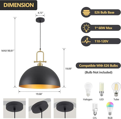 19.7" Large Dome Pendant Light - Black and Gold Pendant Light for Kitchen Island, Modern Industrial Lighting Fixtures for Dining Room, Foyer, Entryway, Hallway