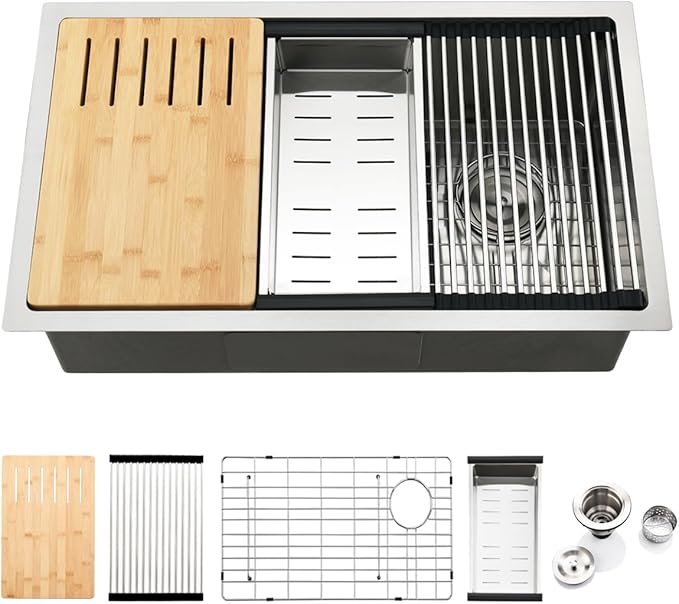 30 Inch Undermount Kitchen Sink Workstation - SZBAQTM 30x18 Inch Undermount Sink Stainless Steel Single Bowl 10'' Deep Handmade Kitchen sink with Cutting Board& Strainer