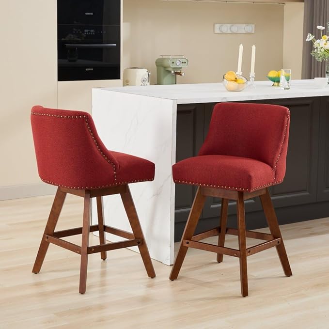 Comfortable Upholstered Swivel Bar Stool with Wooden Legs and Soft Fabric Seat for Kitchen Island or Home Bar Use (Wine RED + Wood+Fabric + Foam)