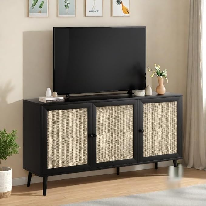 FONTOI Rattan Entryway Table, Entertainment Center with Adjustable Shelf, Sideboard Buffet Cabinet with 3 Rattan Doors, Modern Console Cabinet with Large Storage for Living Room, Kitchen, Black