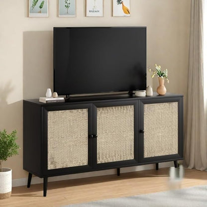 FONTOI Rattan Entryway Table, Entertainment Center with Adjustable Shelf, Sideboard Buffet Cabinet with 3 Rattan Doors, Modern Console Cabinet with Large Storage for Living Room, Kitchen, Black