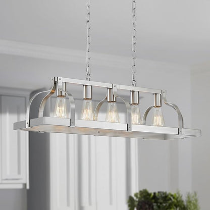 WUZUPS 5-Light Metal Chandelier Linear Pendant Ceiling Lighting Rustic Farmhouse Fixture Kitchen Island Dining Room, H 8.5" L 31.5" W10, E26 Base, Brushed Nickel