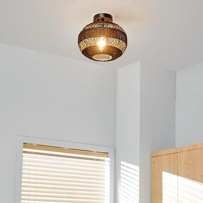 GLOBE Electric 66000071 1-Light Semi-Flush Mount Ceiling Light, Matte Black, Rattan Shade, Bedroom Lighting Fixtures Ceiling, Dining Room Fixture, Timeless Lighting for Hallway or Dining Room