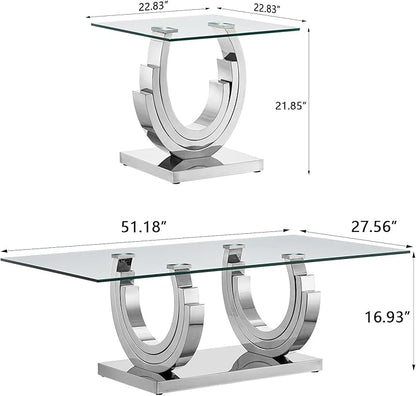 Glass Living Room Table Set of 3, Modern Glass Coffee Table with 2 End Tables Set for Apartment, Luxury Coffee Table Sets Perfect for Living Room, Stainless Steel Frame