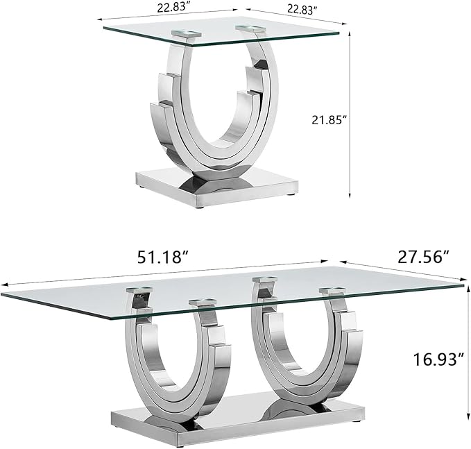 Homvent Glass Coffee Table Set Of 2, 1 Console Table Living Room Set, 2 Piece Modern Silver Tempered Glass Top Side Tables Bedroom Set Of 2 Rectangle Dinner Bedside Eating Sets For Living Room Bedroom