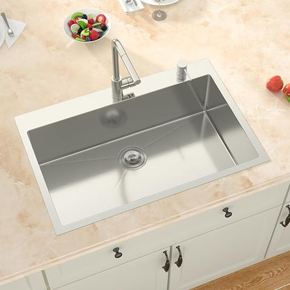 33x22 Drop In Kitchen Sink - 33 Inch Stainless Steel Sinks Topmount 18 Gauge 304 Single Bowl Kitchen Sink 9" Deep Basin with Drain Assembly