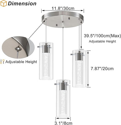 Pendant Lights Kitchen Island, 3-Light Brushed Nickel Pendant Light Fixtures, Cluster Kitchen Island Lights, LED 6000K Pendant Lighting, Modern Hanging Light Fixture for Dining Room Living Room
