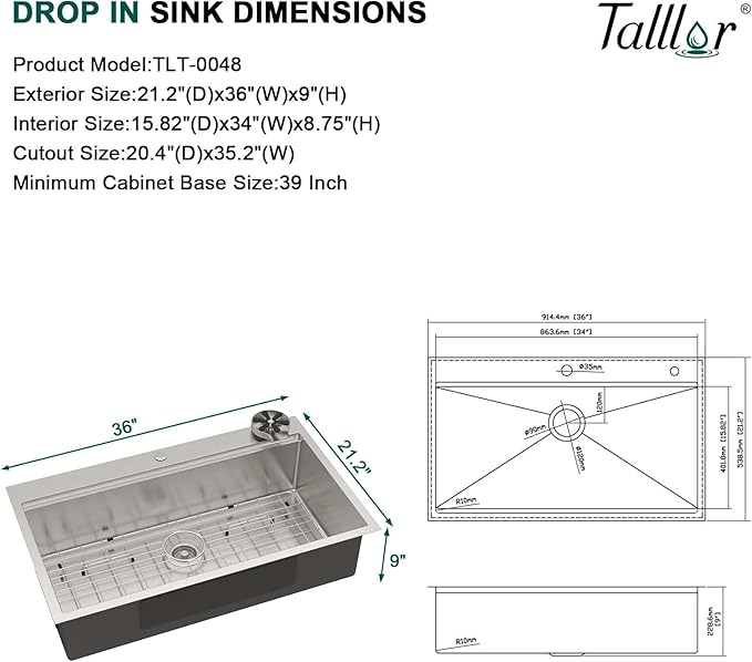 36x22 Inch Drop In Kitchen Sink - Workstation 16 Gauge 304 Stainless Steel Single Bowl Large Three-Holes Sink with Cup Washer, Mixing Bowl, Cutting Board, and Pasta Strainer #TLT-0045