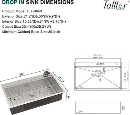 36x22 Inch Drop In Kitchen Sink - Workstation 16 Gauge 304 Stainless Steel Single Bowl Large Three-Holes Sink with Cup Washer, Mixing Bowl, Cutting Board, and Pasta Strainer #TLT-0045