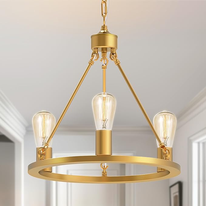 L LOHAS LED Gold Farmhouse Chandeliers for Dining Room, 3-Light Wagon Wheel Chandelier Over Table, Height Adjustable, 16" Dining Room Light Fixtures, Modern Chandelier for Kitchen Island Living Room