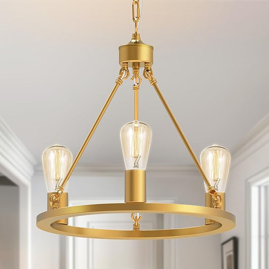L LOHAS LED Gold Farmhouse Chandeliers for Dining Room, 3-Light Wagon Wheel Chandelier Over Table, Height Adjustable, 16" Dining Room Light Fixtures, Modern Chandelier for Kitchen Island Living Room