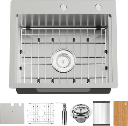 21x18 Inch Kitchen Sink With Dust Lid-Stainless Steel Drop In Single Bowl Built-in Ledge Topmount Workstation Sink Fully Covering Sink To Maintain Cleanliness Suit Outdoor&Indoor Kitchen
