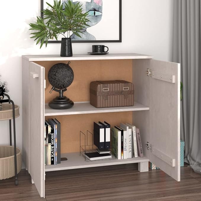 HAMAR White Sideboard, 33.5"x13.8"x31.5" Solid Pine Wood Buffet Cabinet with 2 Doors, Storage for Kitchen & Dining Room, Farmhouse Design Furniture Dining Storage