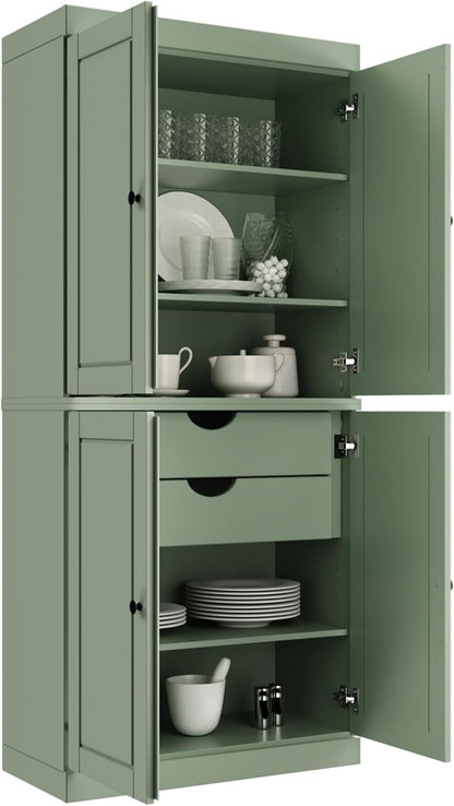 Palace Imports Solid Wood Kitchen Pantry Cabinet - 71.5" H x 32" W, Tall Storage Cupboard - Sage, Adjustable Shelves & 2-Drawer Kit for Living Space, 100% Renewable Eco-Friendly Wood, Made in Brazil