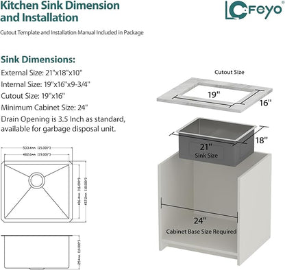 21"x18" Undermount Bar Sink, 16 Gauge Stainless Steel, Single Bowl, Under Counter, Deep Kitchen Bar Prep Sink Basin