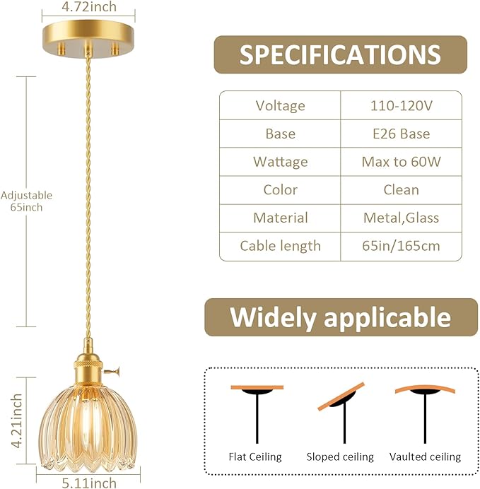 Ralbay 3 Pack Pendant Lights with Amber Tulip Glass Lampshade, Mini Pendant Light Fixture with Switch, Adjustable Vintage Brass Hanging Light for Kitchen Island Bedroom Dining Room Hallway