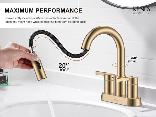 KENES Champagne Bronze Pull Down Bathroom Faucet, 4 Inch 2 Handle Centerset Bathroom Faucet 3 Hole with Pull Out Sprayer, Bathroom Vanity Faucet with Pop Up Drain & Supply Lines LJ-9069-CB