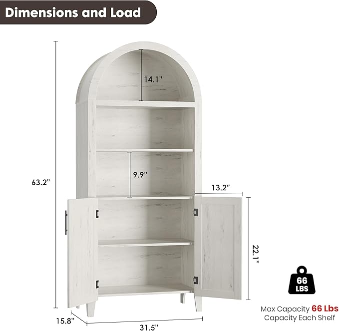 IDEALHOUSE Arched Kitchen Pantry Cabinet with Doors - 5-Tier Open Display Shelf with Nice Texture, Farmhouse Storage Cabinet for Kitchen, Dining Room, Living Room, White