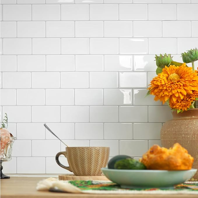 STICKGOO Peel and Stick Backsplash Subway Tiles, 10 Sheets of 12" x 12" - 3D Adhesive Peel and Stick Tile Backsplash for Kitchen, Bathroom, Wall Tile (Thicker Design, Bright Glossy White)