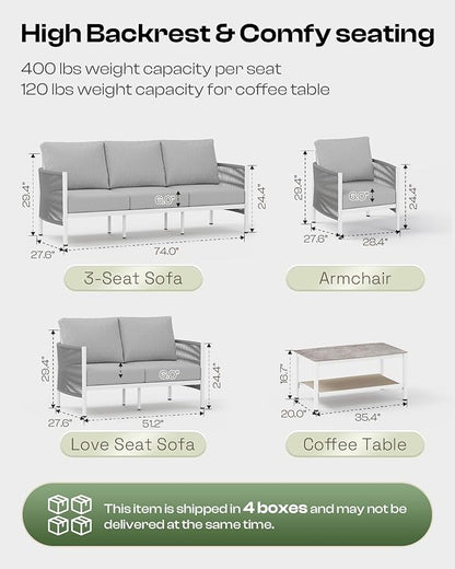 Aluminum Outdoor Patio Couch, 3 Seats HDPE Rope Patio Sofa with Washable Thick Cushion, All-Weather Patio Furniture for Balcony, Yard, White Frame, White