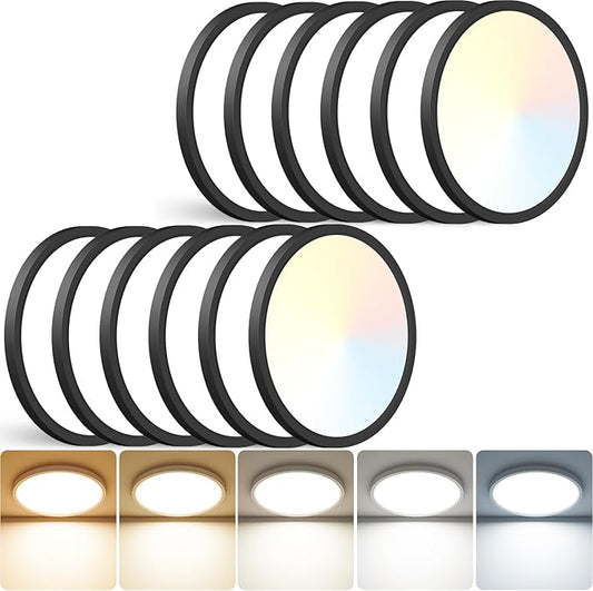 Peasur 12 inch LED Ceiling Light, 3000K/3500K/4000K/5000K/6500K Adjustable Flush Mount Light Fixture, 3200LM 28W Thin Black Round Lamp for Hallway Kitchen Bathroom Bedroom, 12Pack