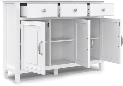 SIMPLIHOME Connaught 51-inch Wide Solid Wood Storage Cabinet in White for the Entryway, Mudroom, 3 Drawers and Adjustable Shelves, Traditional Style, Space-Saving Design