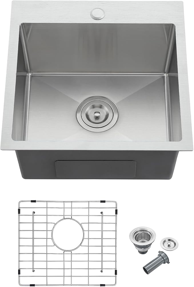 MENATT 18x18 Inch Drop in Kitchen Sink, 304 Stainless Steel Single Bowl Small Sink with X-Shape Drain Groove & Bottom Grid Mat, 9” Deep Bar Sink for Compact Kitchen, Wet Bar, RV, Apartment
