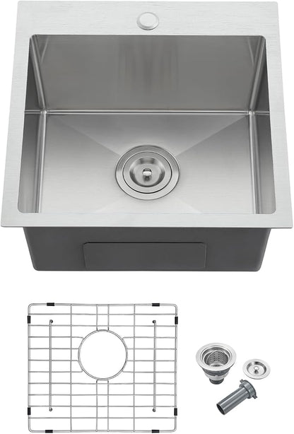MENATT 18x18 Inch Drop in Kitchen Sink, 304 Stainless Steel Single Bowl Small Sink with X-Shape Drain Groove & Bottom Grid Mat, 9” Deep Bar Sink for Compact Kitchen, Wet Bar, RV, Apartment