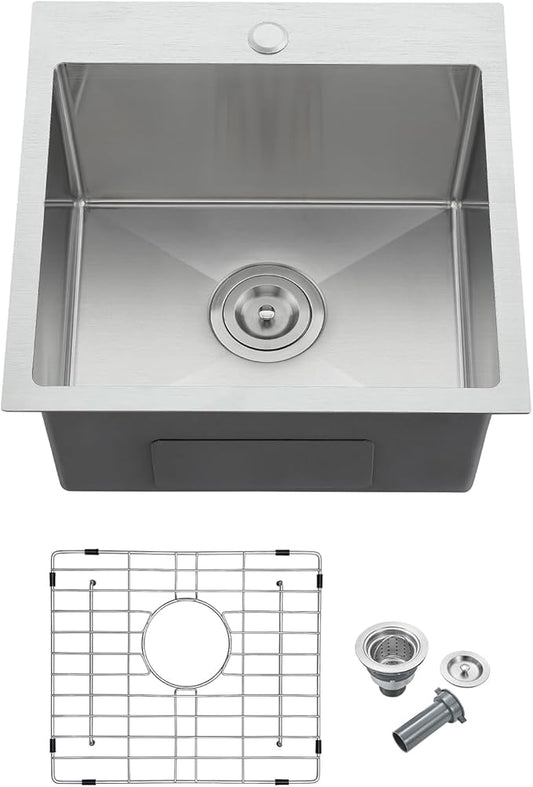 MENATT 18x18 Inch Drop in Kitchen Sink, 304 Stainless Steel Single Bowl Small Sink with X-Shape Drain Groove & Bottom Grid Mat, 9” Deep Bar Sink for Compact Kitchen, Wet Bar, RV, Apartment