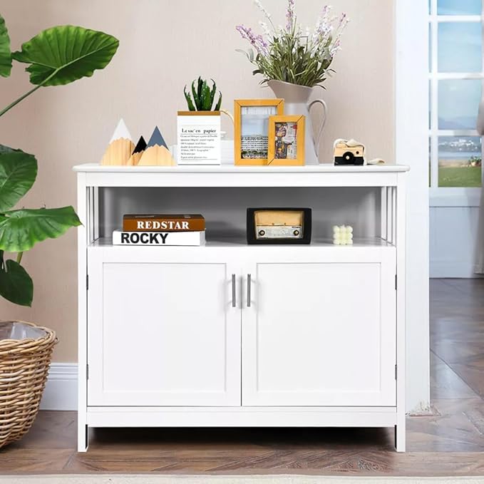 Sideboard Buffet Storage Cabinet Wood Kitchen Cupboard Server Console Island Table 2 Doors Storage Chest with Top Open Shelf (White)