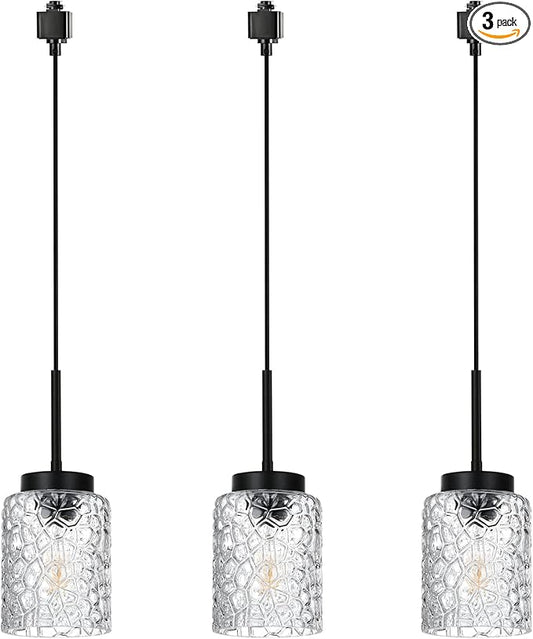 VINLUZ 3-Pack H-Type Track Lighting Pendant Fixture with Clear Glass Shades, Industrial Ceiling Hanging Light Black Finish for Kitchen Island