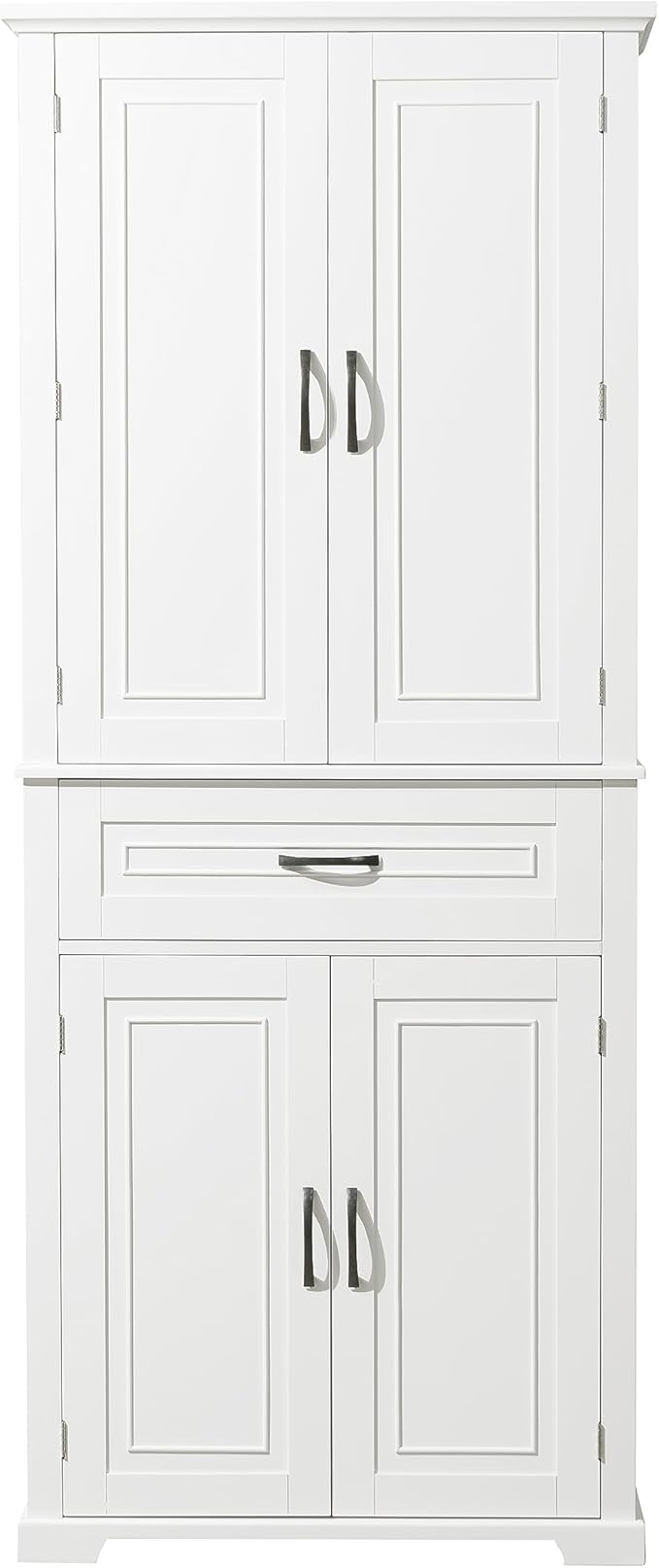 Storage Cabinet with 4 Doors and Drawers, 72.2" H Kitchen Cabinet with 6 Door Shelves, Kitchen Storage Cabinets with Adjustable Shelves for Living Room, White