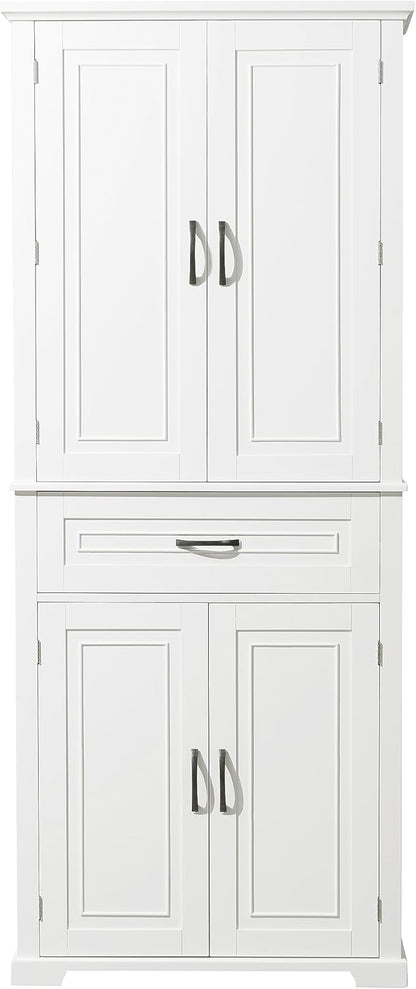 Storage Cabinet with 4 Doors and Drawers, 72.2" H Kitchen Cabinet with 6 Door Shelves, Kitchen Storage Cabinets with Adjustable Shelves for Living Room, White