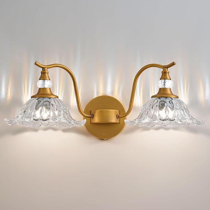 Vintage Bathroom Vanity Light Fixtures - 2 Light Antique Brass Bathroom Lights Fixture Over Mirror with Clear Flower Glass,Retro Brushed Gold Bronze Wall-Mounted Vanity Lighting for Powder Room