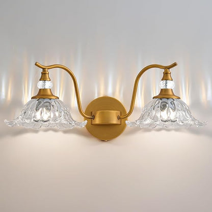 Vintage Bathroom Vanity Light Fixtures - 2 Light Antique Brass Bathroom Lights Fixture Over Mirror with Clear Flower Glass,Retro Brushed Gold Bronze Wall-Mounted Vanity Lighting for Powder Room