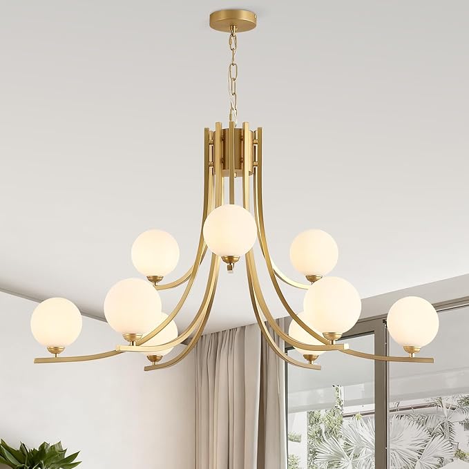 Glass Globe Chandeliers for Dining Room，12-Light Gold Sputnik Light Fixture Milk White Globe Glass Modern Chandeliers for Living Room Kitchen Light Fixture