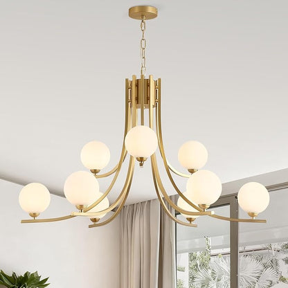 Glass Globe Chandeliers for Dining Room，12-Light Gold Sputnik Light Fixture Milk White Globe Glass Modern Chandeliers for Living Room Kitchen Light Fixture