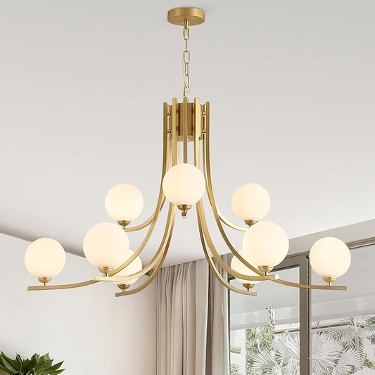 Glass Globe Chandeliers for Dining Room，12-Light Gold Sputnik Light Fixture Milk White Globe Glass Modern Chandeliers for Living Room Kitchen Light Fixture