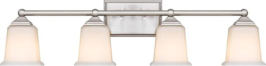 Tawson Nox Vintage 4-Light Vanity Light Modern Wall Sconce Lighting Brushed Nickel with White Glass Shade for Bathroom, Hallway, Entryway, Kitchen, Mirror, Laundry Room