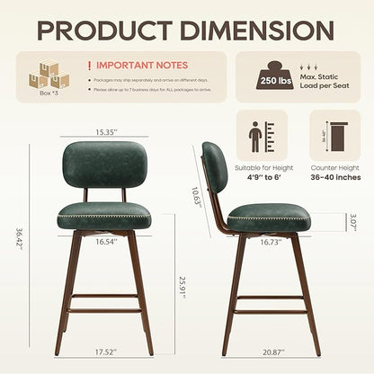 MALOL 26“ Swivel Bar Stools Set of 6, Mid Century PU Leather Counter Height Bar Chairs with Low Back and Metal Legs, Modern Bar Stool Chair for Kitchen Island, Green