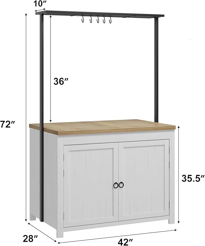 TROPOW Kitchen Island with Storage, 42" Wood Countertop Kitchen Cabinet with 3-Tier Shelves & 5 Hooks, Farmhouse Bar Cabinet, Buffet Table, Coffee Station for Small Spaces, White & Natural