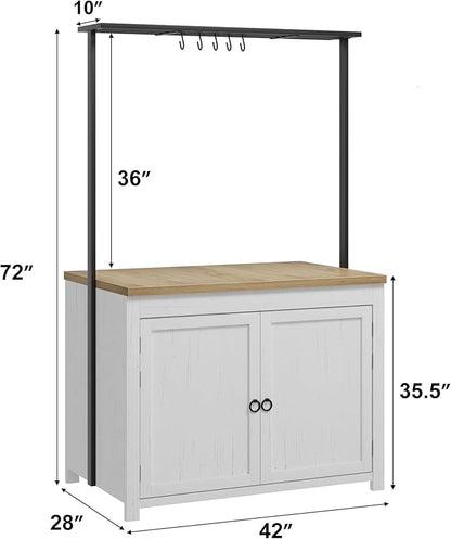 TROPOW Kitchen Island with Storage, 42" Wood Countertop Kitchen Cabinet with 3-Tier Shelves & 5 Hooks, Farmhouse Bar Cabinet, Buffet Table, Coffee Station for Small Spaces, White & Natural