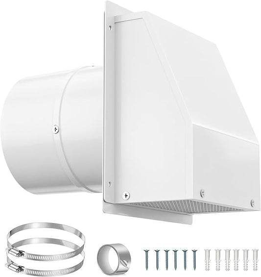 5 inch Dryer Vent Cover Outside Exhaust Vent Hooded Wall Vent Cover with Damper, Galvanized Steel Outdoor Dryer Vent Cap for House, Bathroom,Range Hood, Kitchen,AC Duct Air Ventilation, White