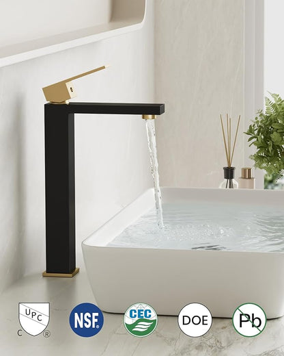 gotonovo Vessel Sink Faucet Single Handle Tall Bathroom Faucet One Hole Modern Lavatory Vanity Basin Mixer Tap Matching Supply Hoses and Pop up Drain Without Overflow, Matte Black&Brushed Gold