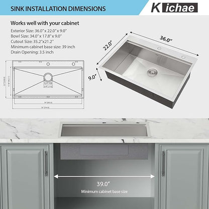 Kichae 36 Inch Drop in Kitchen Sink - 36x22 Drop Sink 16 Gauge Stainless Steel Ledge Workstation Single Bowl Topmount Overmount Handmade Basin